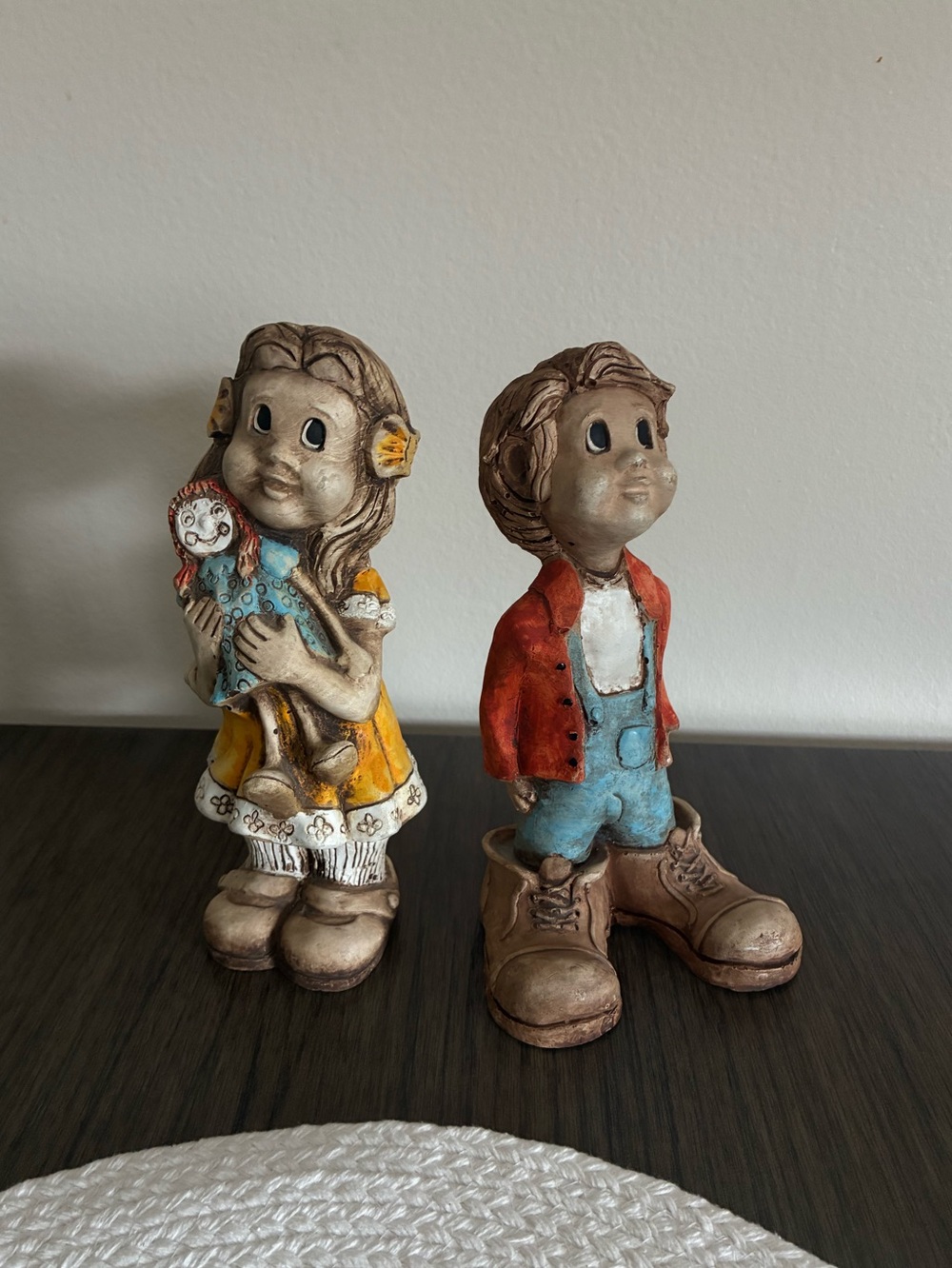 Hand-Painted Ceramic Boy and Girl Figurine Set - Yellow, Blue, Red Accents
